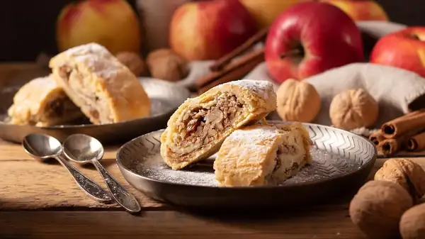Hornea un delicado strudel de manzana sin que suba. Dobla la masa sobre las manzanas y hornea