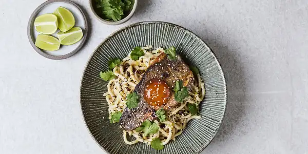 Sea Bass With Spring Onion And Ginger Noodles And A Cured Egg Yolk Recipe