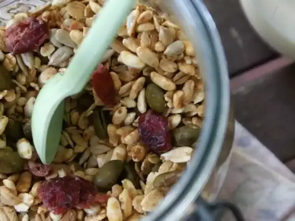 Homemade granola recipe: puffed rice and dried fruit