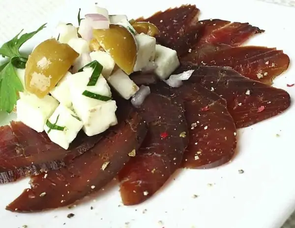 Cured Venison Appetizer with Feta-Green Olive Salad