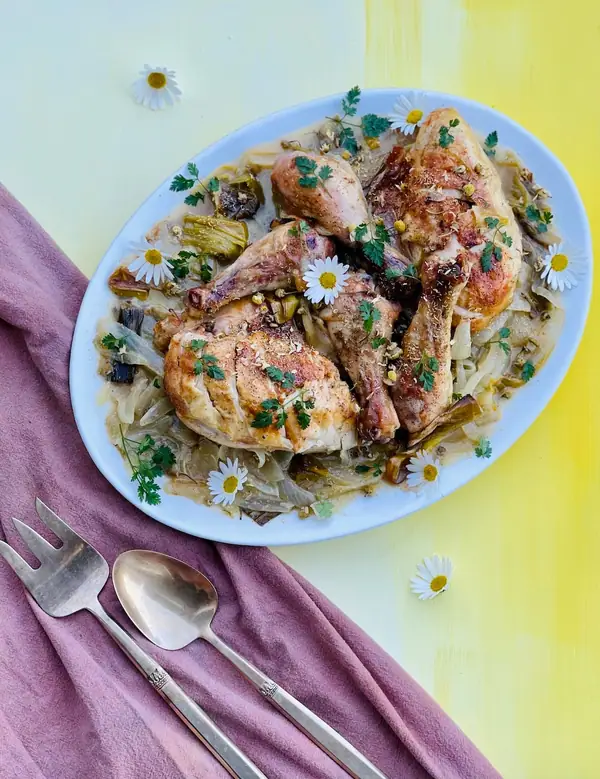 Chamomile Roast Chicken with Leeks and Onions
