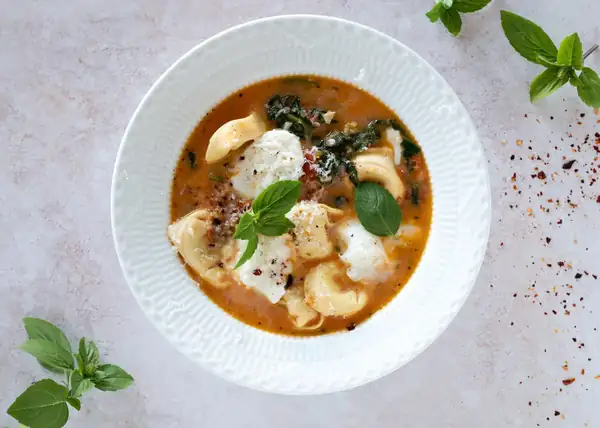 One pot tortellini soup with vegetables and wonderful flavor