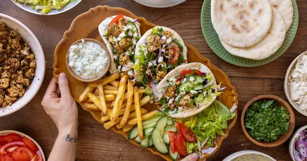 Tofu Gyros Pita with vegan tzatziki