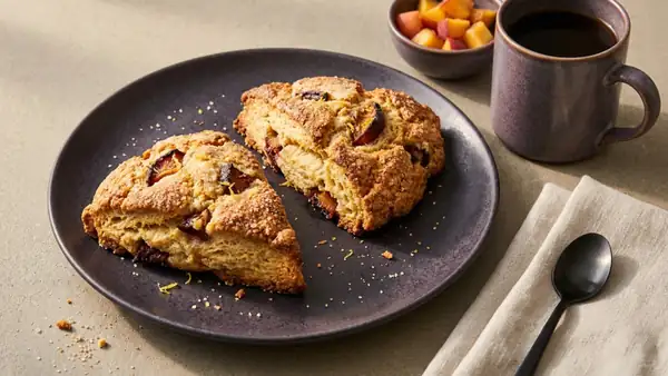 Bake fruity peach and vanilla scones with a crispy sugar crust