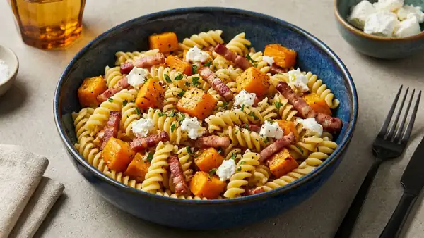 Warm pasta salad with pumpkin and bacon