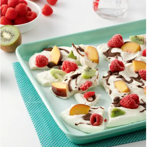 Chocolate frozen yogurt shards and fruit