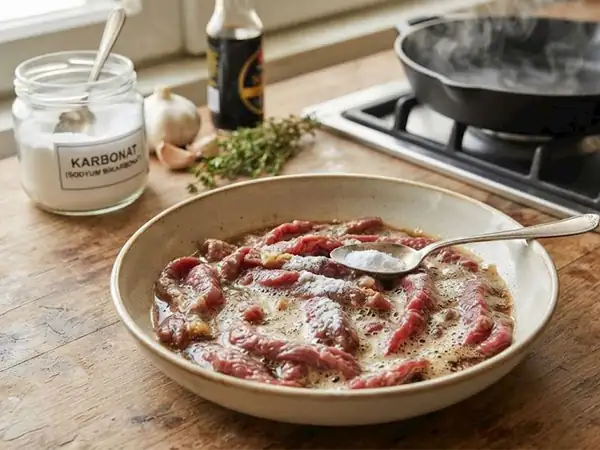 Why is baking soda added to the sauce to make the meat tender while cooking?