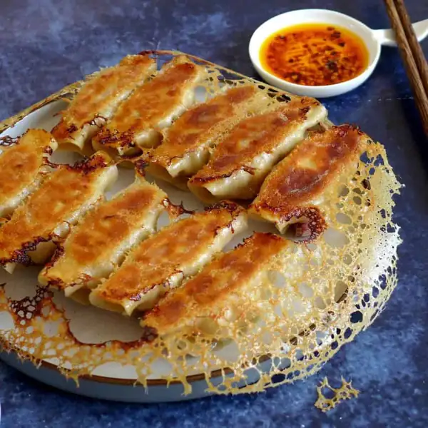 Chicken potstickers with a crispy skirt (鸡肉锅贴)