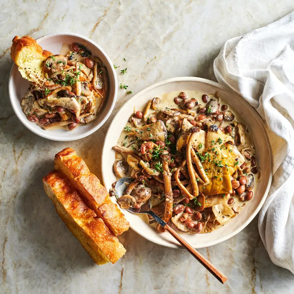 Boscaiola de alubias borlotti y champiñones con mantequilla de limón