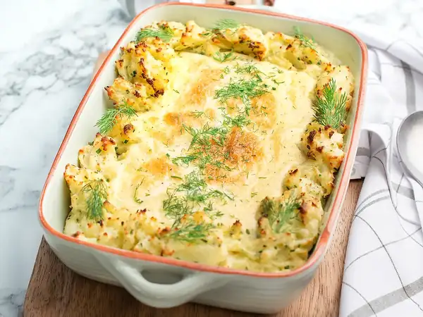 Fish gratin with lemon sauce and potato mash