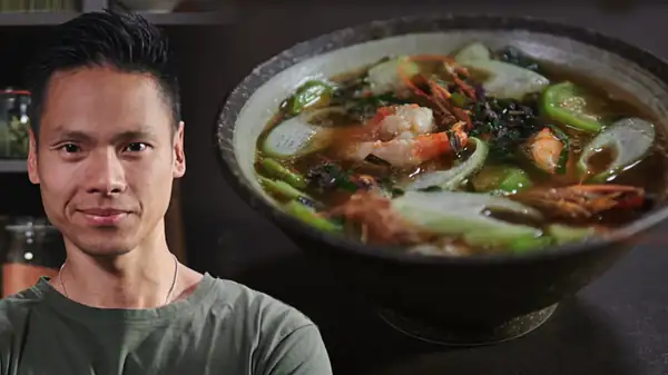 Khanh Ta cooks shrimp soup with Vietnamese cucumber. She doesn't throw away the shells, they add flavor to the broth