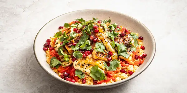 Sticky Mango Chutney Halloumi With Couscous And Marinated Peppers Recipe