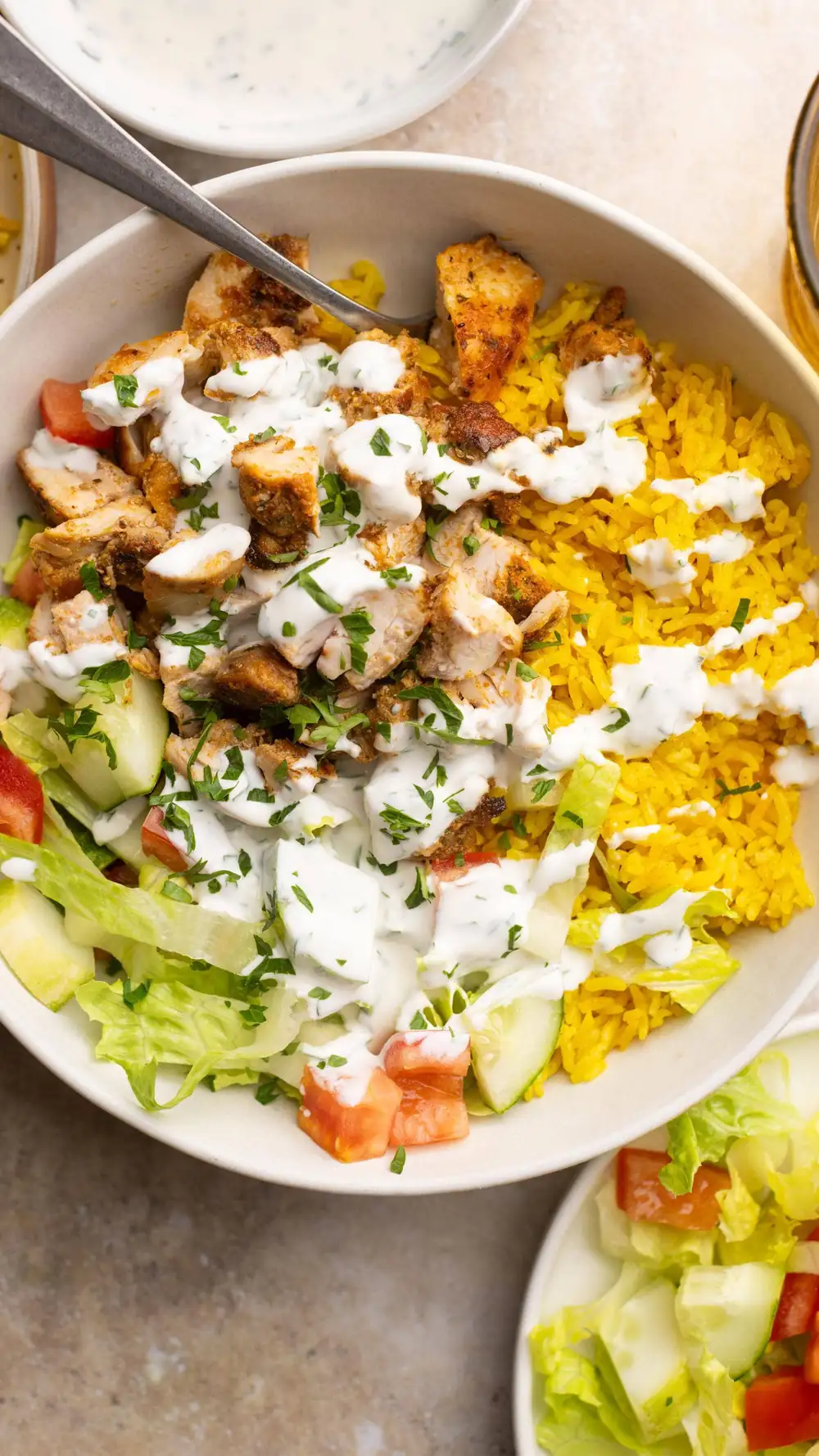 Plato de pollo y arroz de carrito callejero