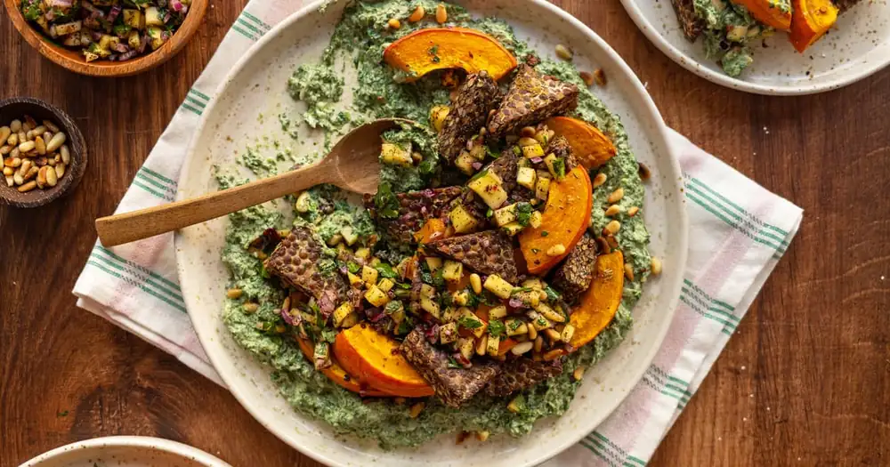 Tempeh and pumpkin stir-fry with mango salsa