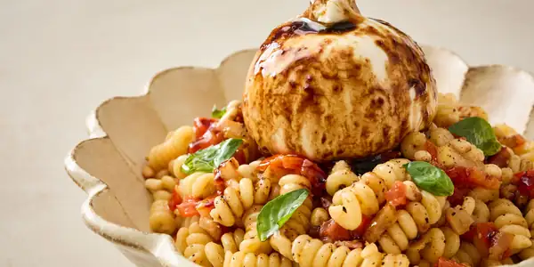 Fusilli Bucati Corti With Raw Tomato, Peach And Burrata Recipe