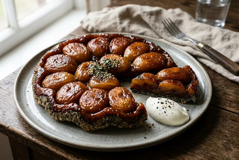 Miso Caramel Tarte Tatin with Black Sesame Pastry