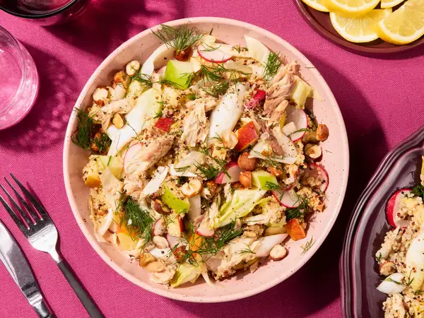 Chicory and quinoa salad with smoked trout and apple