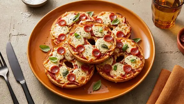 Savory bagel pizza from the oven for your next breakfast
