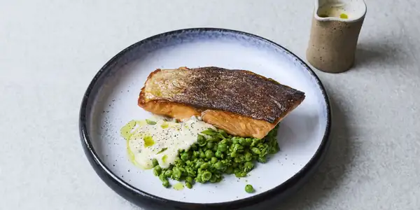 Crispy Salmon With Beurre Blanc, Crushed Peas And Parsley Oil Recipe