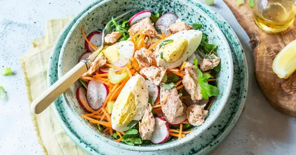 Colorful bowl with salmon and eggs