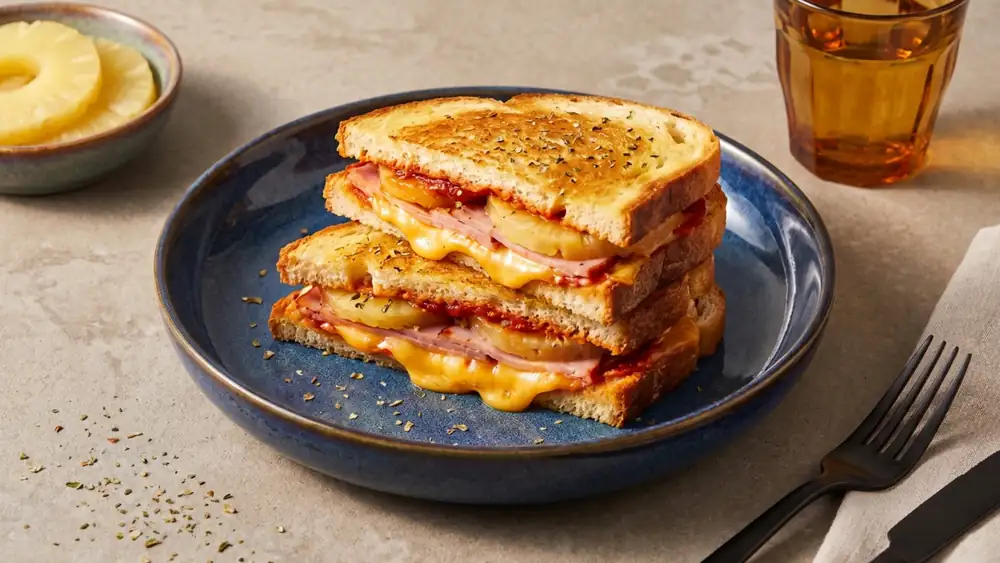 Hawaiian grilled cheese sandwich with ham and pineapple