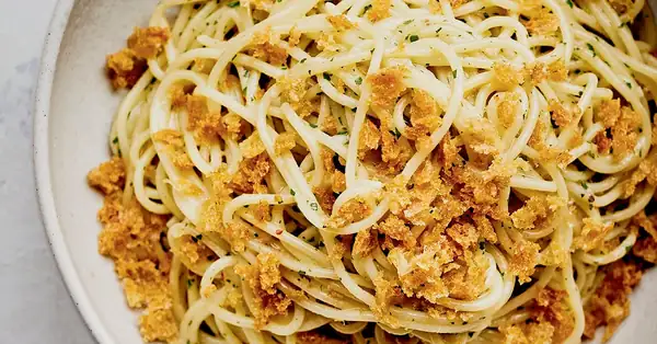 TASTE - Spaghetti with Colatura, Garlic, and Bread Crumbs