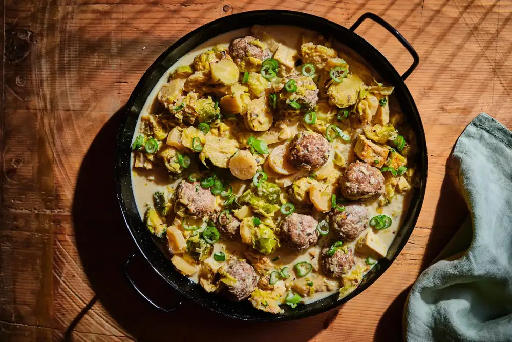 Brussels sprout, tofu, turnip chowder with turkey dumplings