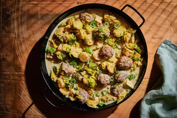 Brussels sprout, tofu, turnip chowder with turkey dumplings