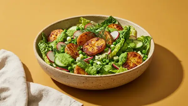 ¡Que empiece la ensalada Diosa Verde con patatas fritas!