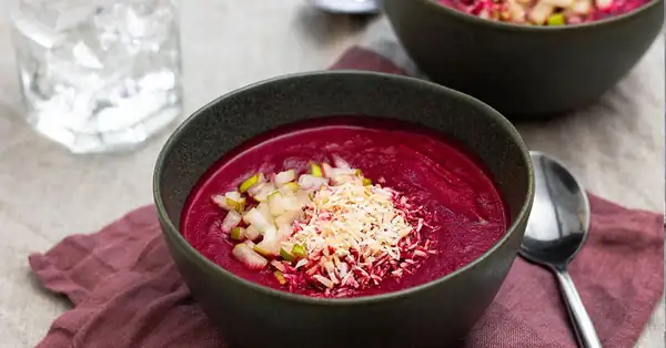 Beetroot soup with coconut, pear and cinnamon