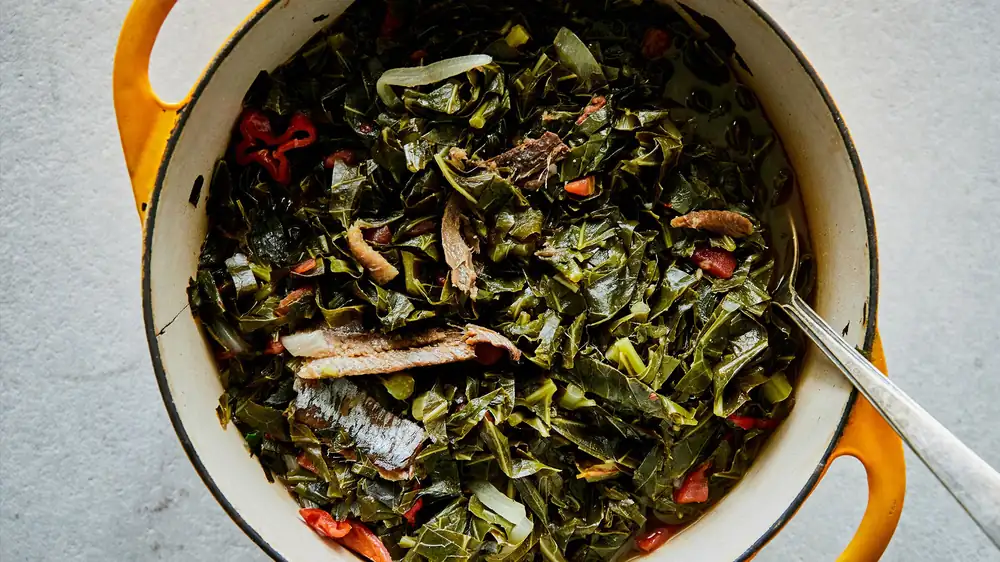 Stewed Collard Greens and Tomato With Smoked Fish