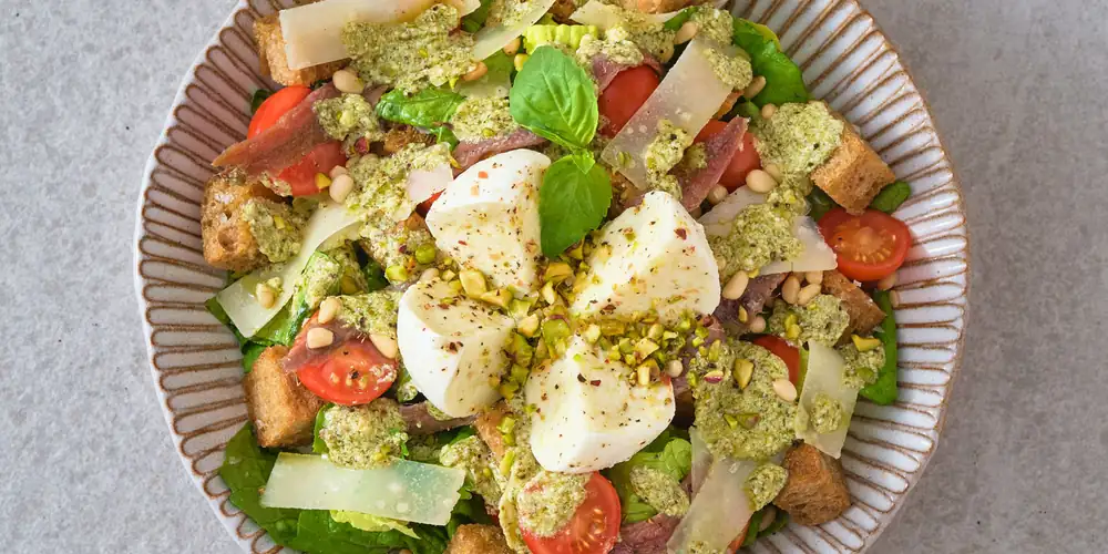 Tomato, Mozzarella And Anchovy Salad With Pesto Dressing Recipe