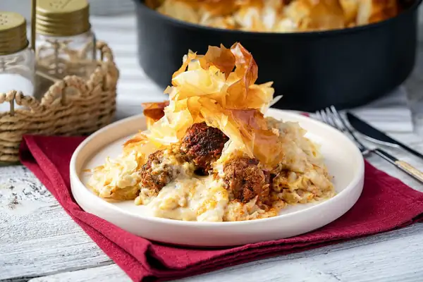 One-Pot Meatballs with Crispy Phyllo Dough and Eggplant Puree