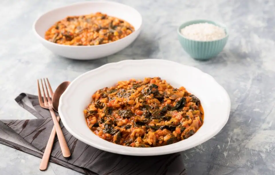 Red Spanakorizo: Greek Spinach and Rice with Tomatoes