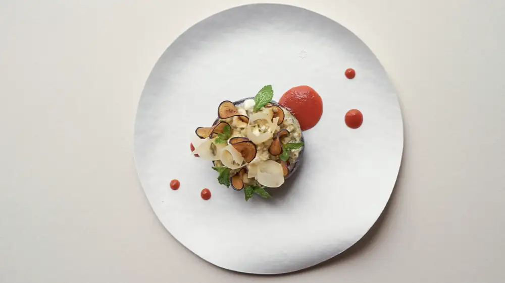 Roasted eggplant, creamy burrata and fresh mint – Recipe by Jean-François Rouquette, from Pur' restaurant