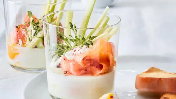 Eggs in a glass with smoked salmon and cress