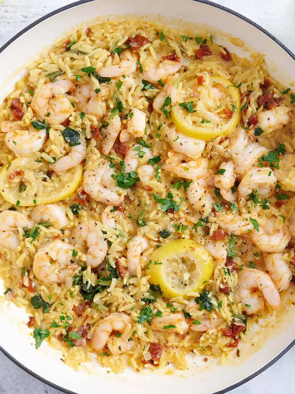 Garlic Shrimp and Orzo Skillet is my favorite one-pan dinner right now