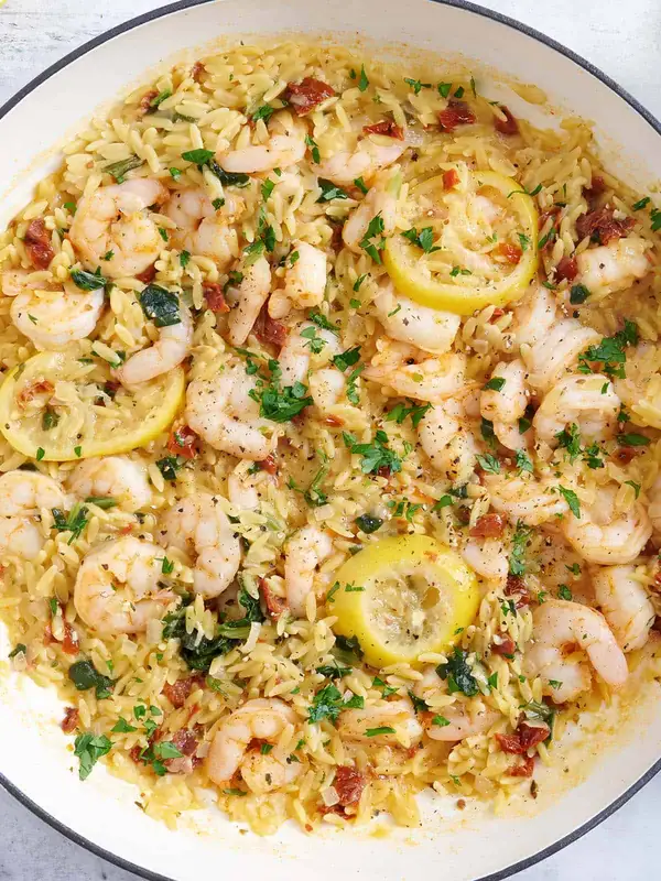Garlic Shrimp and Orzo Skillet is my favorite one-pan dinner right now