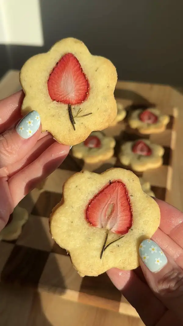 Shortbread Flower Cookies With Strawberry & Rosemary