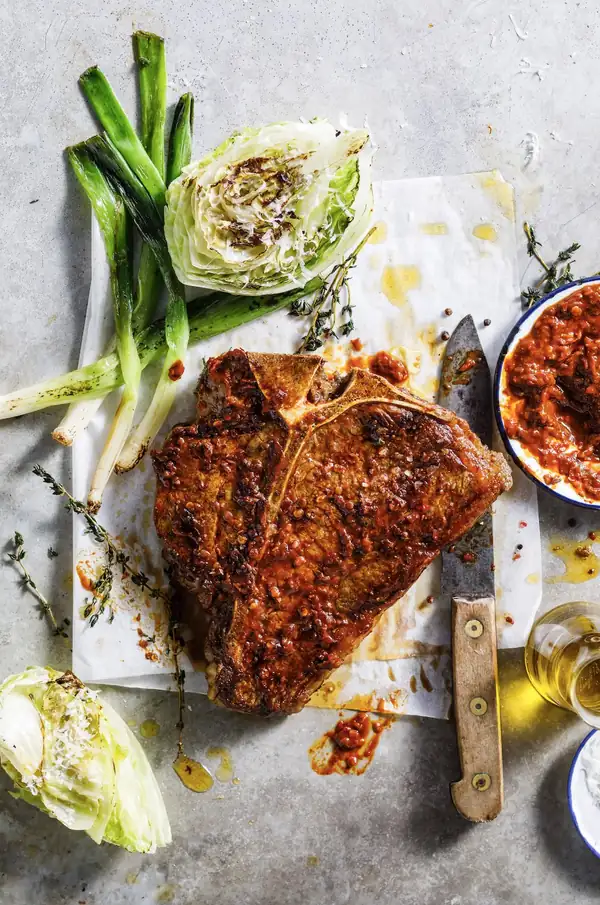 T-bone steaks with homemade harissa