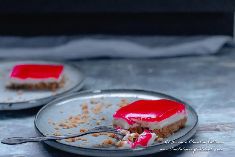Ambrosial No Bake Strawberry Jelly Cheesecake Slice