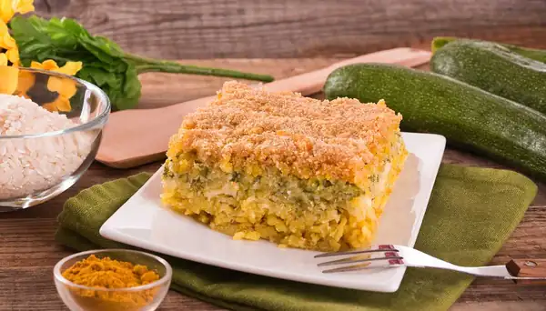 Basmati rice timbale with seasonal vegetables and turmeric