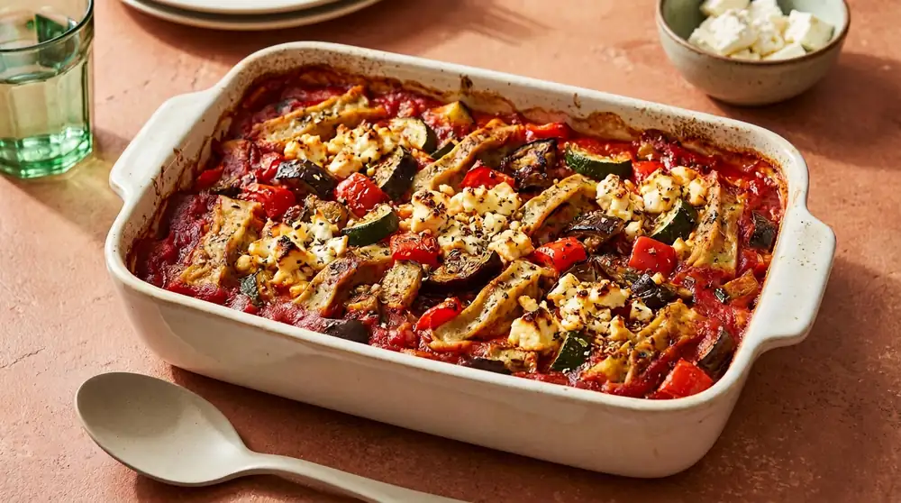French-style baked Maultaschen (filled pasta pockets) with ratatouille vegetables