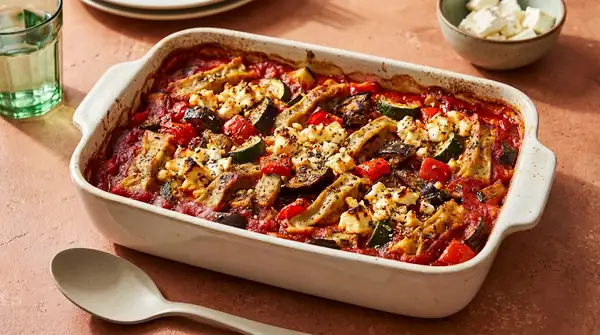 French-style baked Maultaschen (filled pasta pockets) with ratatouille vegetables