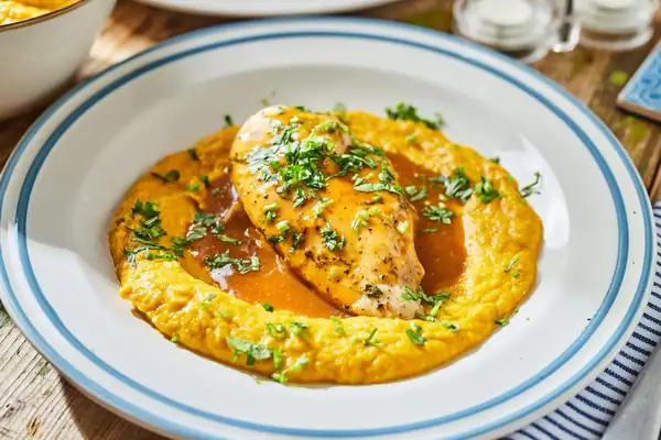 Coriander-citrus pumpkin puree with roasted chicken breast and beer sauce