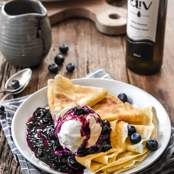 Crêpes with Blueberry Balsamic Sauce & Vanilla Ice Cream