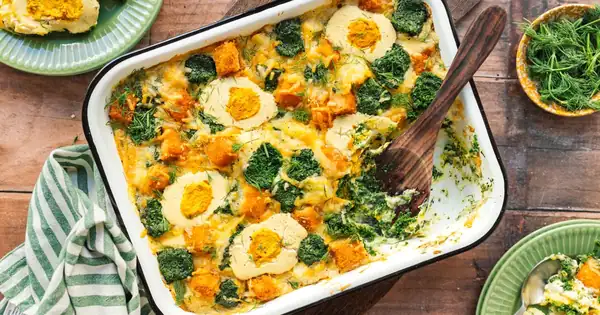Vegan potato, spinach, and fish finger casserole with “egg”