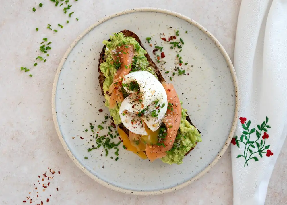 Avocado toast with poached egg and salmon