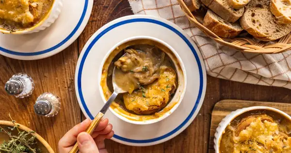 French onion soup with porcini mushrooms
