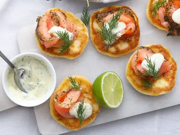Blini with gravlax and dill crème fraîche